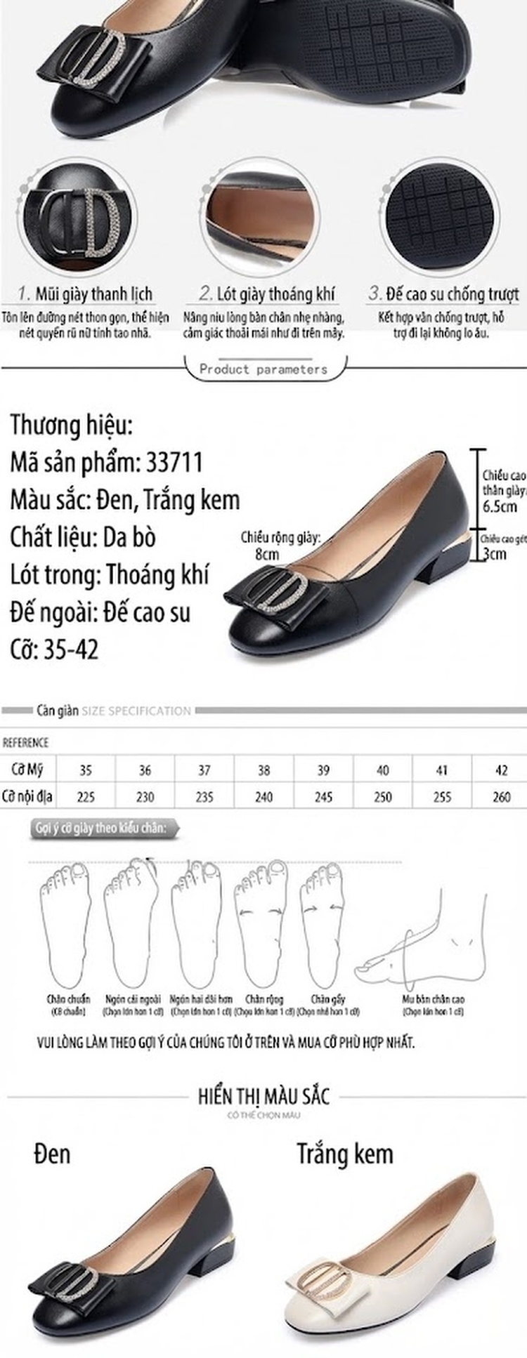 Giày Búp Bê Nữ Da Mềm Chiều Cao Đế Khoảng 3cm Màu Đen, Trắng chi tiết 2