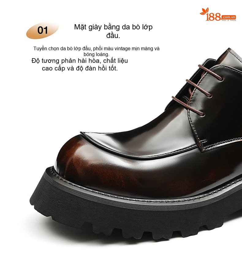 Giày Boot Martin Nam Da Bò Thủ Công Tăng Chiều Cao 4.5cm Đế Dày Phong Cách Anh Quốc Màu Đen chi tiết 8