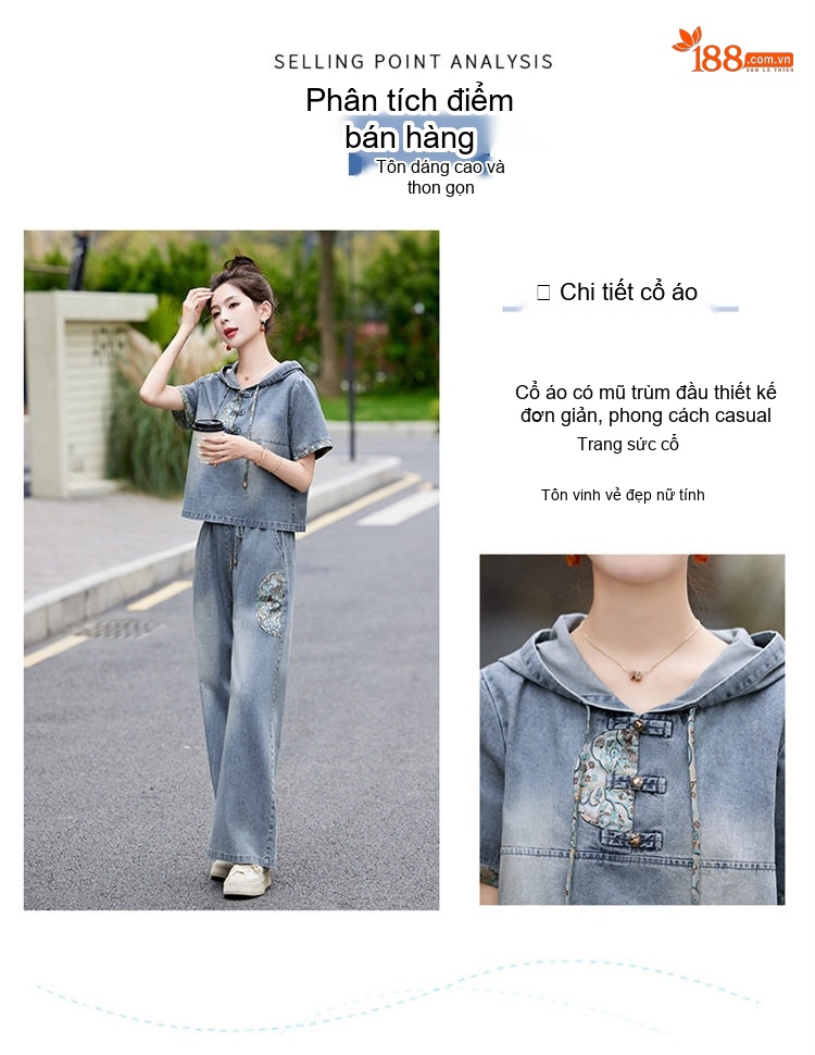 Bộ Quần Áo Nữ Thiết Kế Thêu Hoa Cao Cấp, Áo Hoodie Quần Ống Rộng Phong Cách Trung Hoa Màu Xanh Denim chi tiết 5