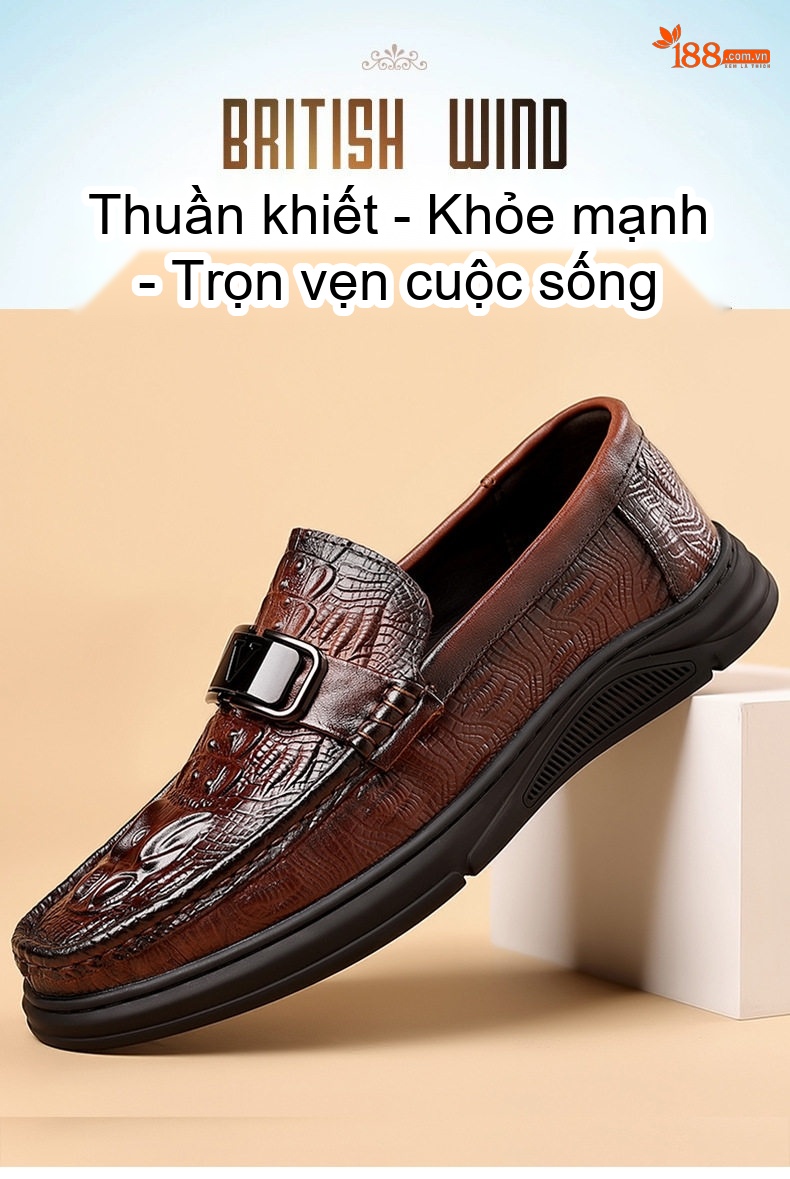 Giày Lười Nam Da Bò Mềm Chiều Cao Đế Khoảng 3cm Màu Nâu, Đen chi tiết 2
