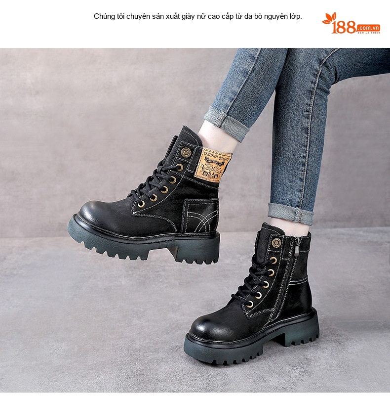 Boot Martin Nữ Da Bò Cổ Cao Đế Dày Phong Cách Retro Chiều Cao Đế Khoảng 5cm Màu Nâu, Đen, Đỏ... chi tiết 2