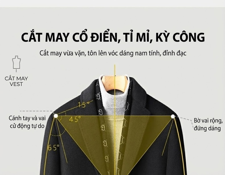 Áo Khoác Dạ Nam Dáng Dài Lót Lông Vũ Trắng Có Khăn Choàng Cổ Màu Xám, Đen chi tiết 5