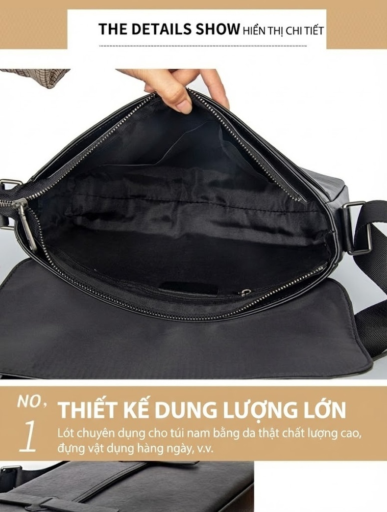 Túi Đeo Vai Nam Da Bò Dáng Ngang Dung Tích Lớn Màu Đen chi tiết 15