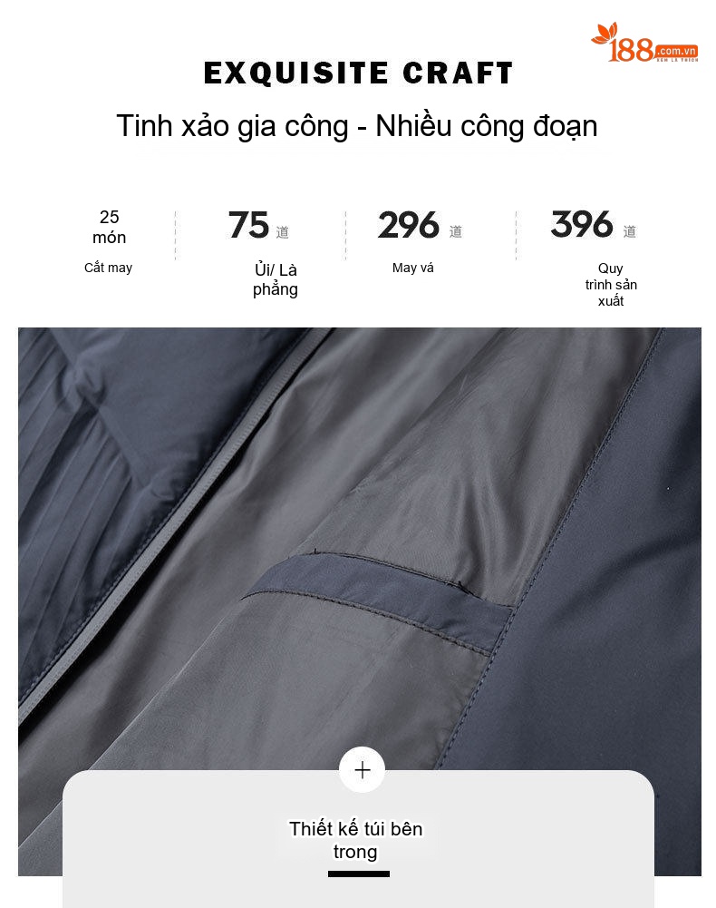 Áo Khoác Phao Nam 90% Lông Vịt Dáng Ôm Khóa Kéo Cổ Đứng Giữ Ấm Màu Xám, Xanh Đen, Xanh Rêu chi tiết 6