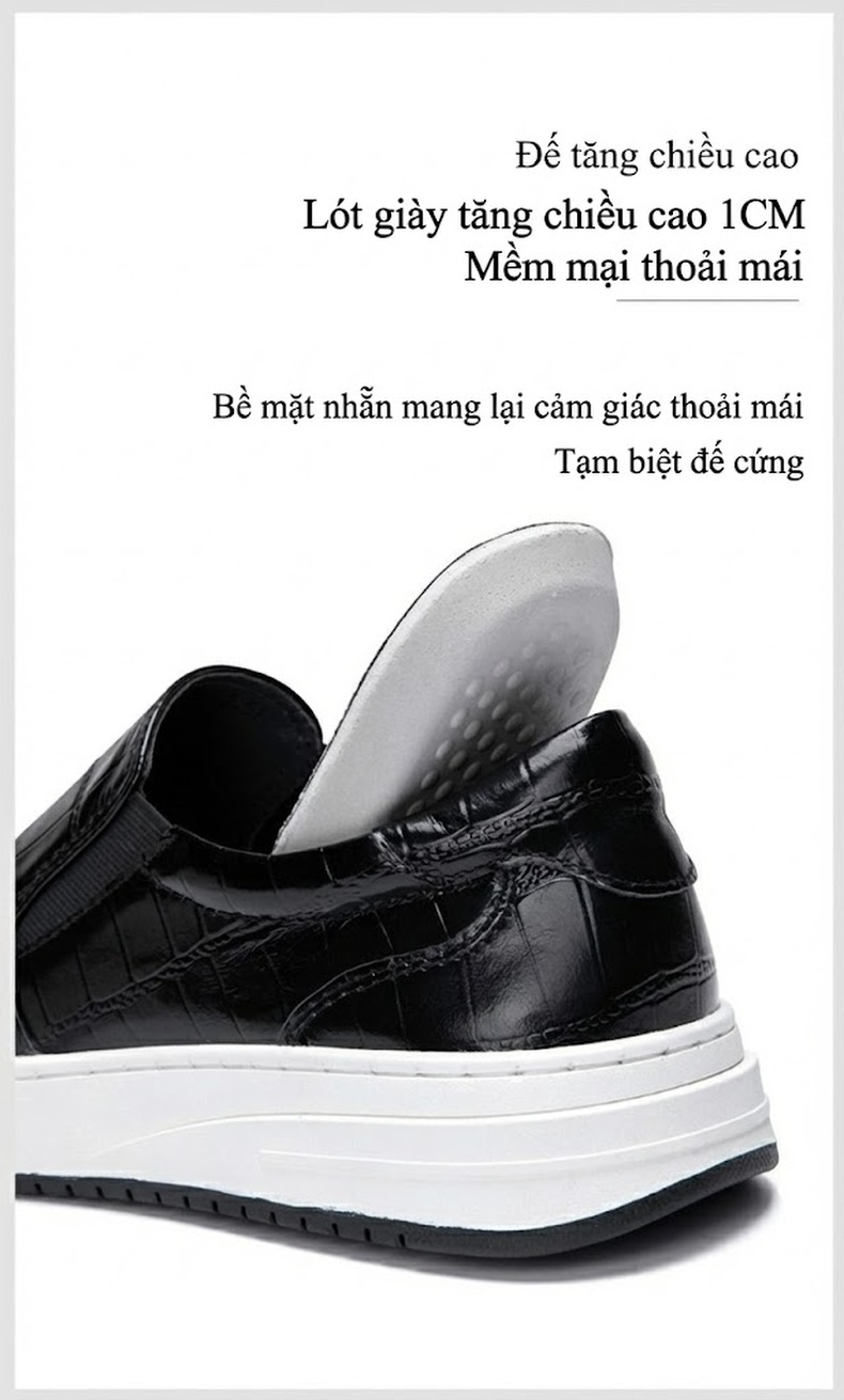 Giày Lười Nam Da Bóng Chiều Cao Đế Khoảng 3cm Màu Đen, Trắng chi tiết 10