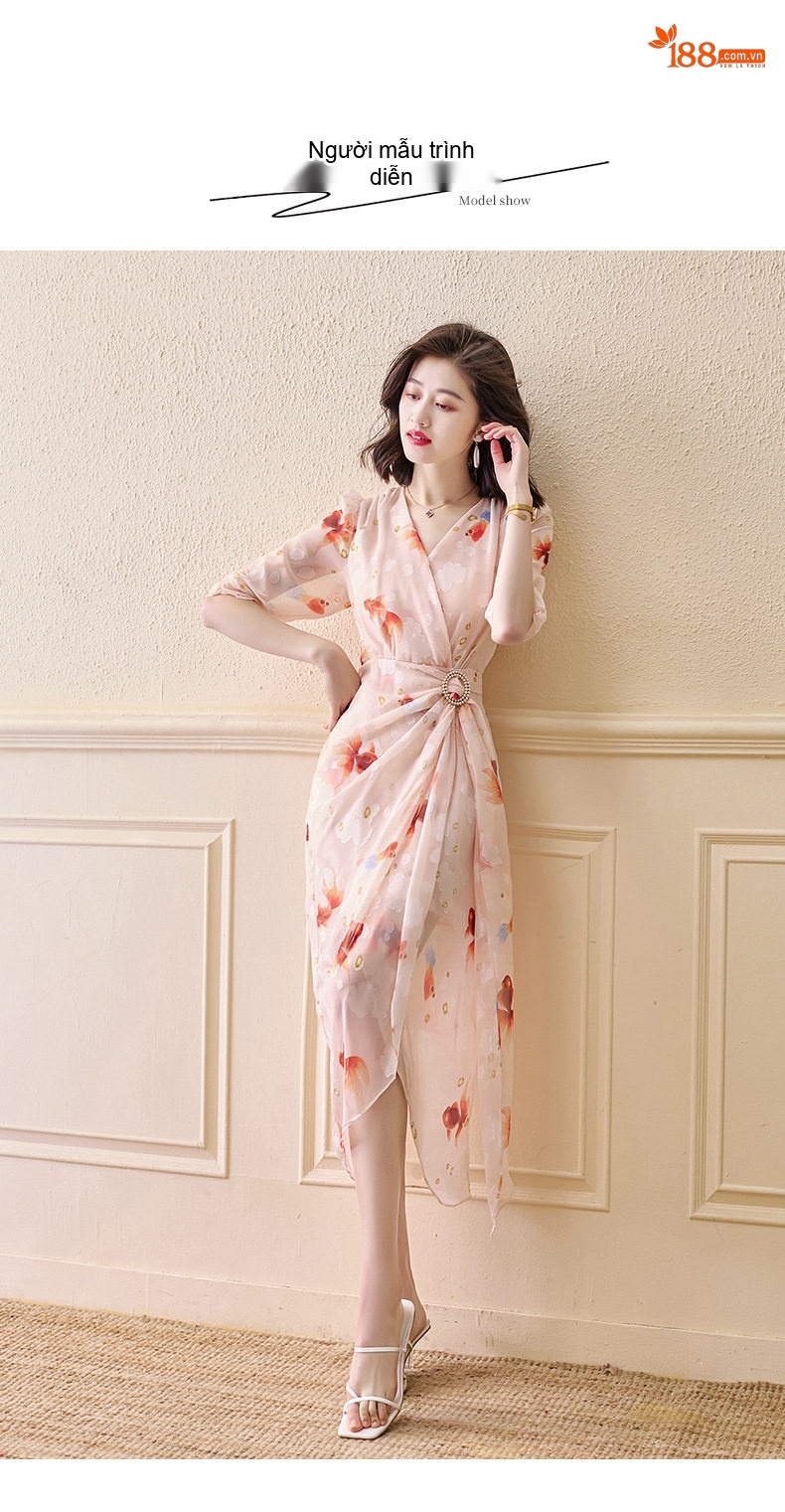 Váy Voan Dáng Dài Họa Tiết Hoa Nhỏ Phong Cách Pháp Thanh Lịch Màu Hồng chi tiết 8