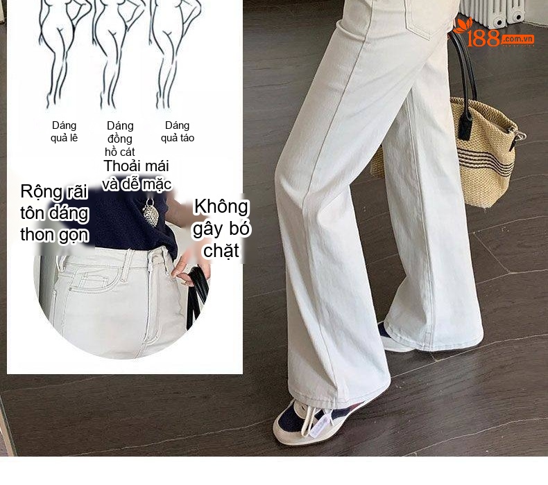 Quần Jean Nữ Ống Loe Rộng Lưng Cao Dáng Suông Màu Trắng Kem chi tiết 8