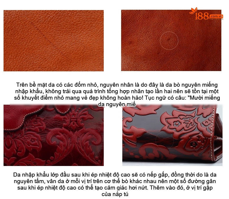 Túi Đeo Chéo Nữ Da Bò Thật Vintage Khắc Hoa Văn Phong Cách Trung Hoa, Túi Đeo Vai Nữ Sức Chứa Lớn Màu Đỏ chi tiết 13