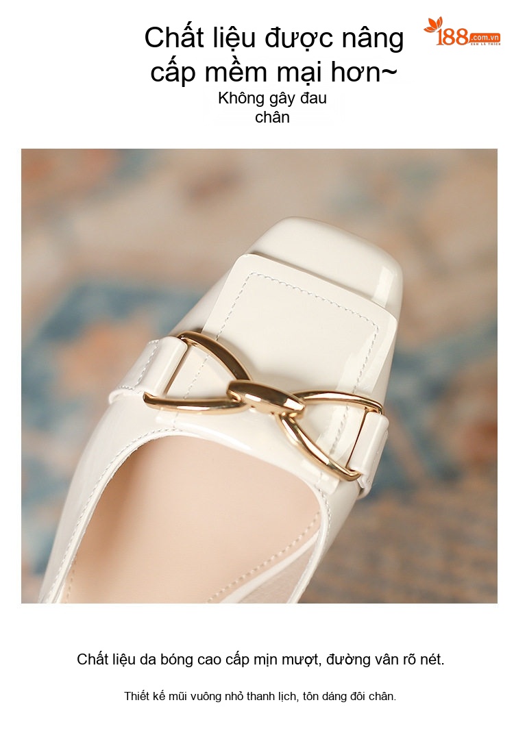 Giày Sandal Cao Gót Nữ Hở Gót Quai Mảnh Khóa Kim Loại Gót Vuông Da Bóng Gót Cao 7cm - 8cm Màu Đỏ, Kem, Nude chi tiết 3