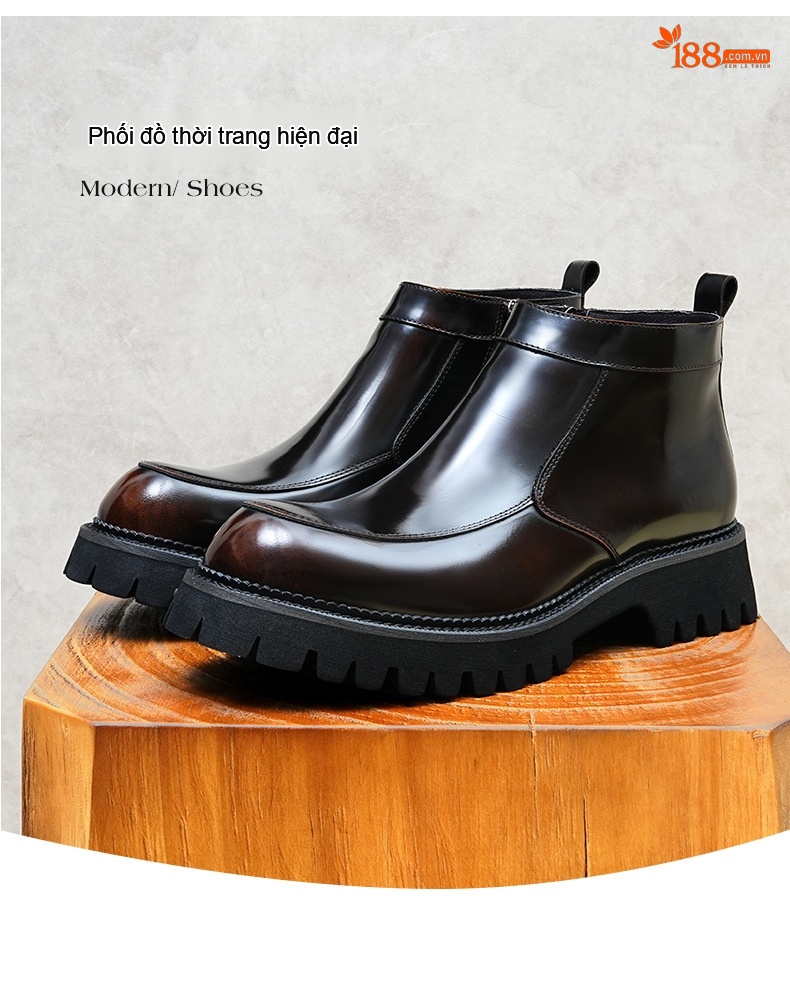Boot Nam Cổ Cao Da Bóng Khóa Kéo Phong Cách Anh Quốc Chiều Cao Đế Khoảng 4cm Màu Đen chi tiết 5