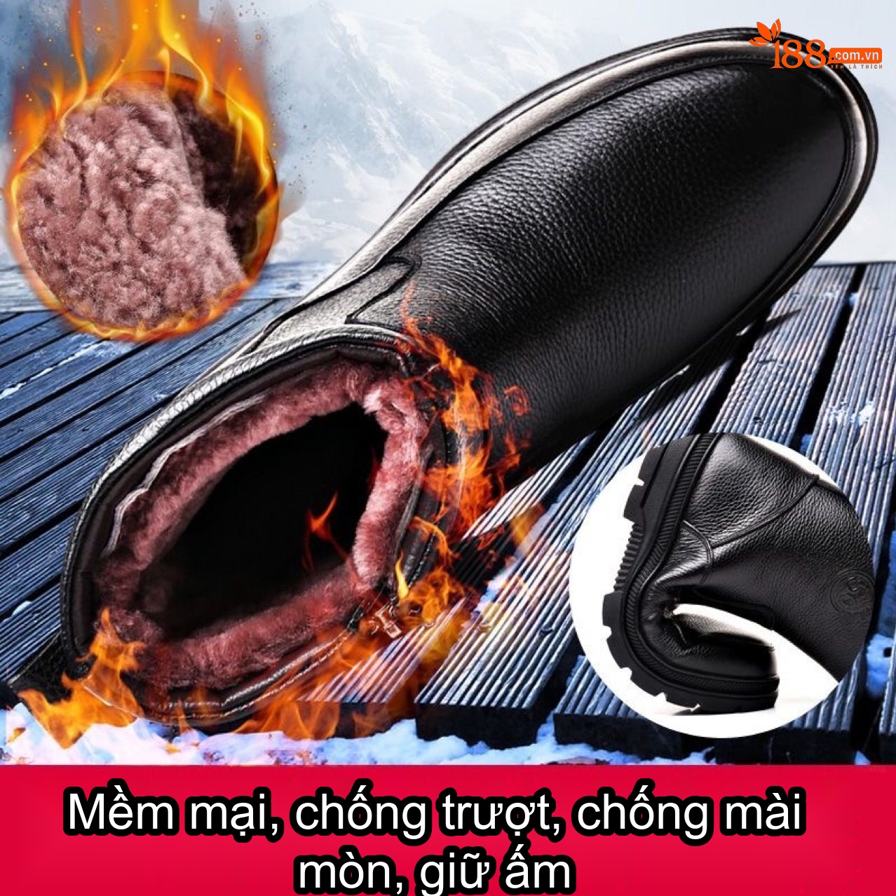 Boot Nam Da Bò Lót Lông Cừu Giữ Ấm Mùa Đông Đế Cao 3cm