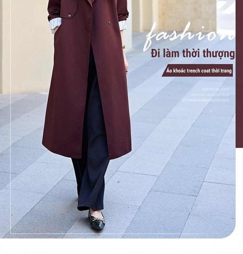 Áo Khoác Gió Dáng Dài Phong Cách Thời Trang Thanh Lịch Màu Nâu Đỏ, Xanh Olive chi tiết 1