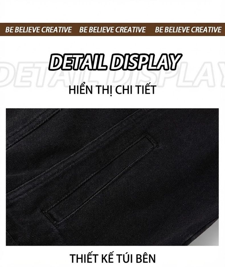 Áo Khoác Jean Nam Dài Tay Form Rộng Cổ Bẻ Màu Xanh Denim, Đen chi tiết 15