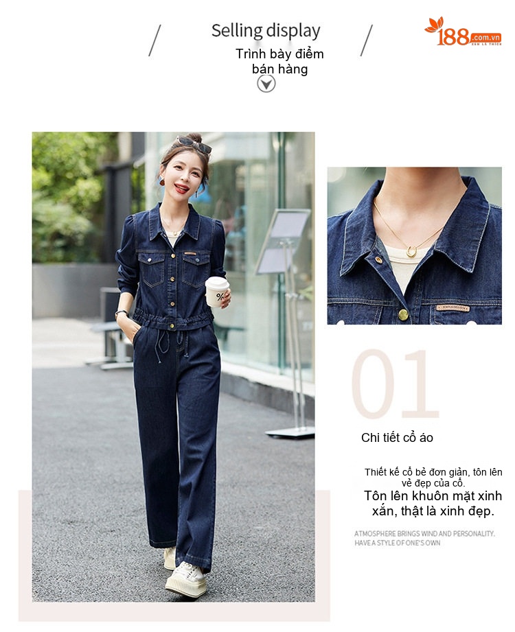 Bộ Quần Áo Nữ Áo Khoác Quần Dài Vải Denim Phong Cách Hàn Quốc Thanh Lịch Màu Xanh Denim chi tiết 3