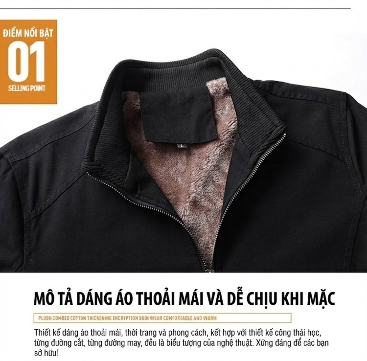 Áo Khoác Nam Cotton Dáng Ôm Lót Lông Dày Dặn Màu Đen, Đỏ, Xanh Rêu, Vàng Be chi tiết 5