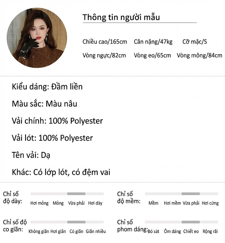 Váy Liền Thân Nữ Công Sở Thu Đông Dáng Ôm Hai Hàng Cúc Bèo Nhún Họa Tiết Chấm Bi Màu Nâu chi tiết 2