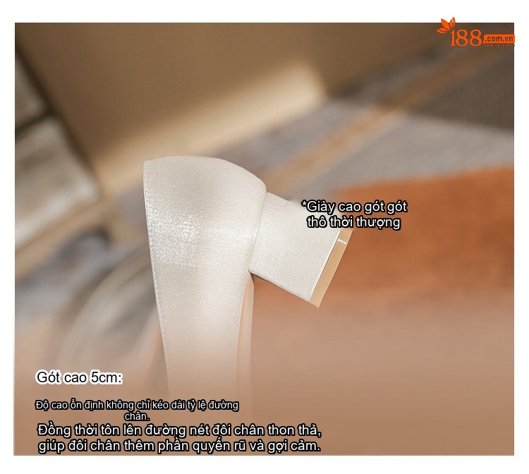 Giày Cao Gót Nữ Mũi Nhọn Đế Vuông Chiều Cao Đế Khoảng 5cm Màu Trắng Kem chi tiết 9