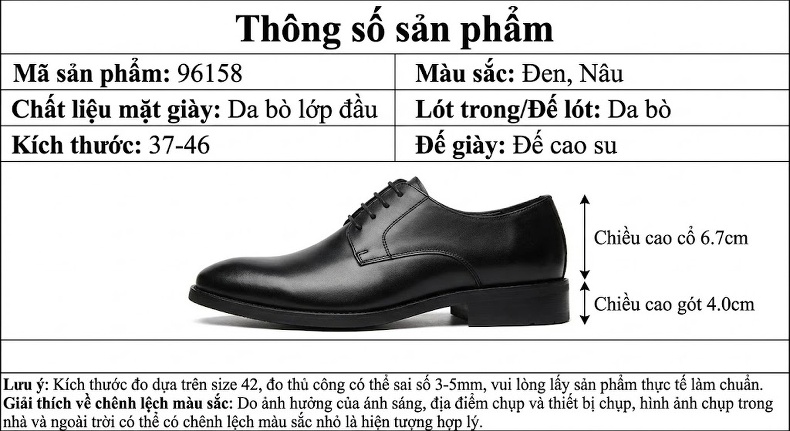 Giày Tây Buộc Dây Nam Da Thật Chiều Cao Đế Khoảng 4cm Màu Đen, Nâu chi tiết 2