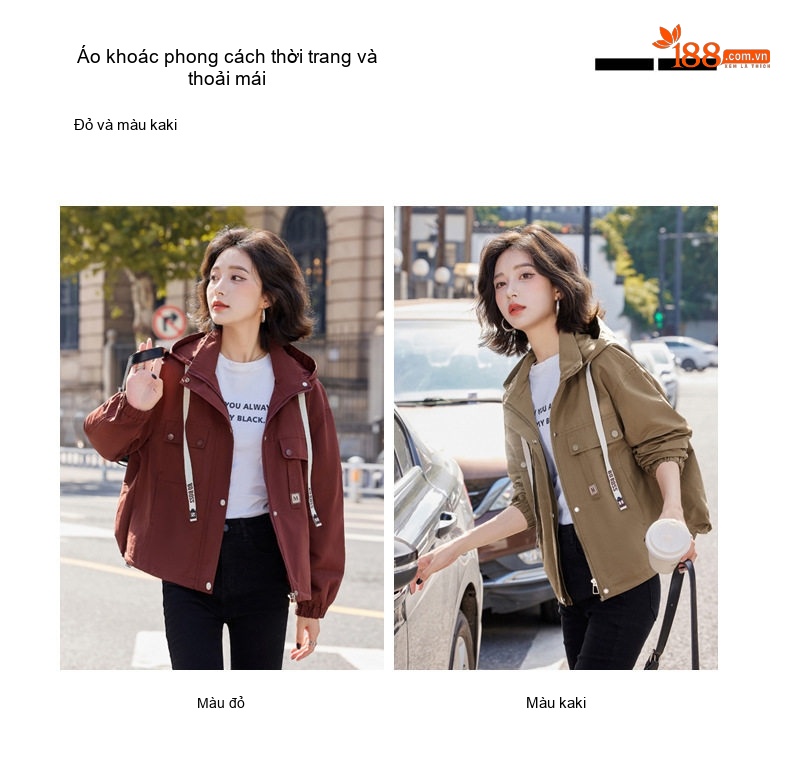 Áo Khoác Nữ Ngắn Tay Lỡ Dáng Nhỏ Có Mũ Trùm Đầu Màu Đỏ, Nâu chi tiết 4