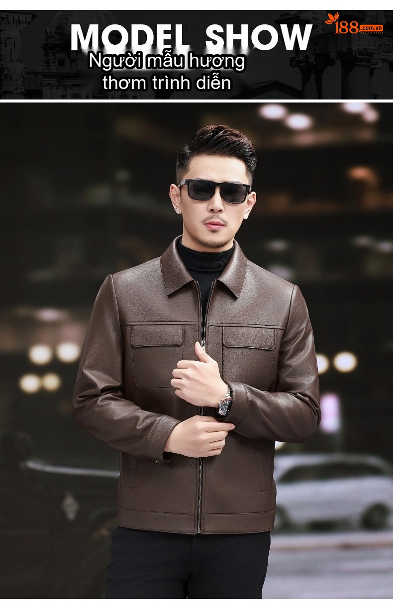 Áo Khoác Da Thật Nam Cổ Bẻ Dáng Ngắn Thời Trang Màu Nâu, Đen chi tiết 3