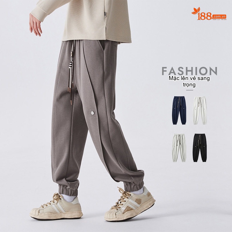 Quần Jogger Nam Dáng Dài Bo Ống Rộng Thoải Mái Màu Xám, Trắng Sọc, Đen, Xanh Navy