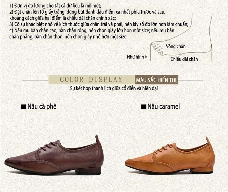 Giày Búp Bê Nữ Da Bò Mũi Nhọn Buộc Dây Chiều Cao Đế Khoảng 1cm Màu Nâu, Vàng chi tiết 3