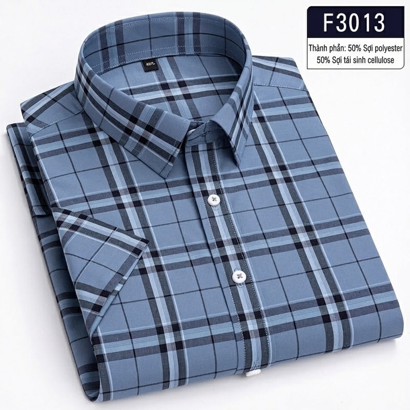 Áo Sơ Mi Nam Tay Ngắn Kẻ Caro 50% Sợi Polyester, 50% Sợi Cellulose Tái Sinh Màu Xanh Dương, Cam, Xanh Lá, Xám...