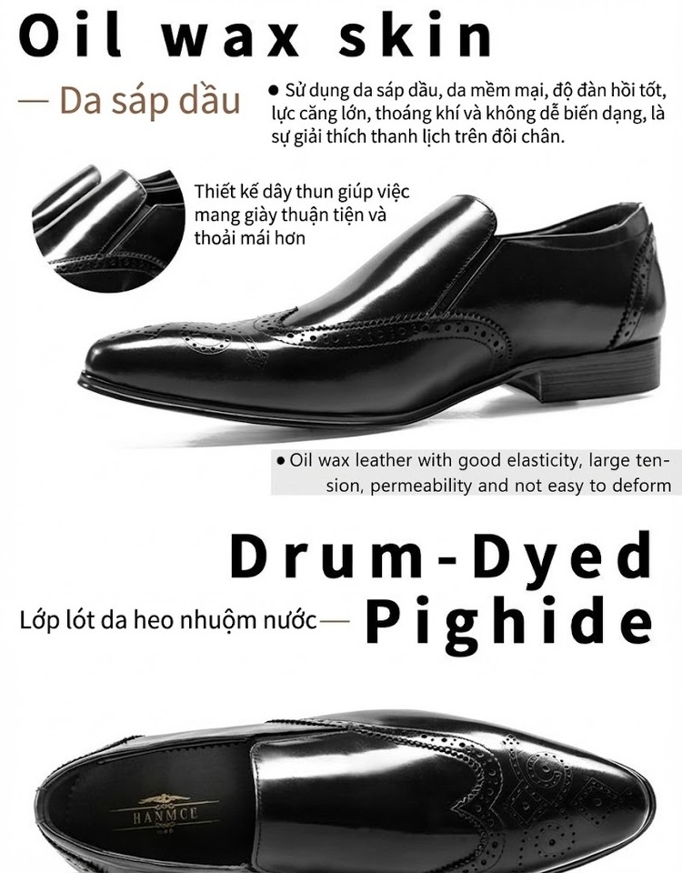 Giày Lười Nam Da Bò Mũi Nhọn Chiều Cao Đế Khoảng 3cm Màu Đen, Nâu chi tiết 4