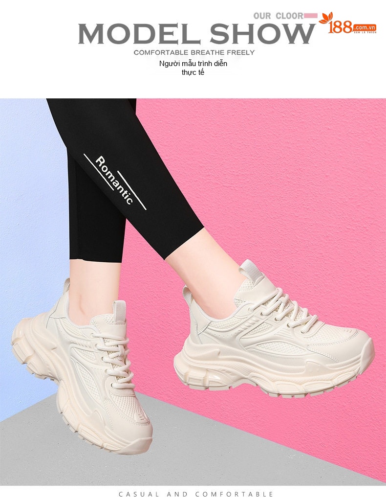 Giày Sneaker Nữ Đế Dày Tăng Chiều Cao Khoảng 5cm Phong Cách Thể Thao Màu Đen, Trắng chi tiết 8