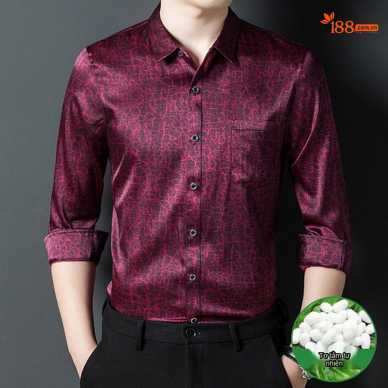 Áo Sơ Mi Dài Tay Nam Lụa Tơ Tằm Hương Vân Sa Họa Tiết Da Rắn Màu Đỏ Rượu Vang, Nâu Đất