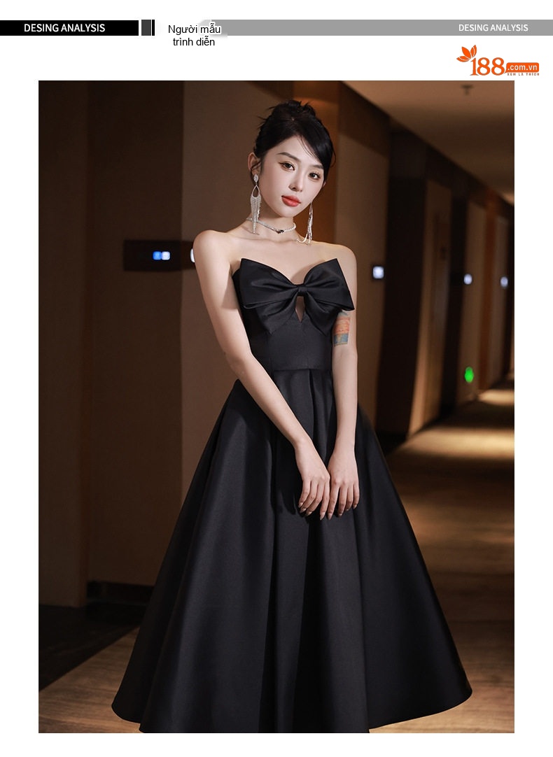 Váy Dạ Hội Nữ Dáng Dài Hở Vai Thắt Nơ Phong Cách Pháp Màu Đen chi tiết 3