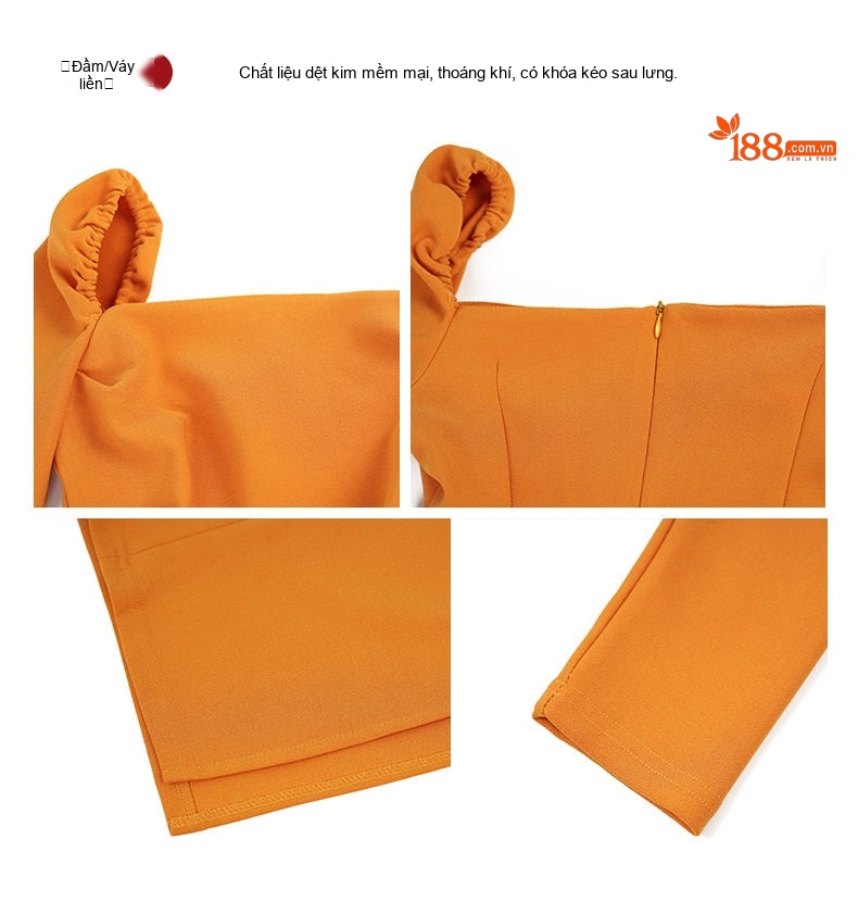 Đầm Ôm Body Dài Tay Cổ chữ Vuông Xẻ Tà Kiểu Pháp Tôn Dáng Màu Cam, Đen chi tiết 3
