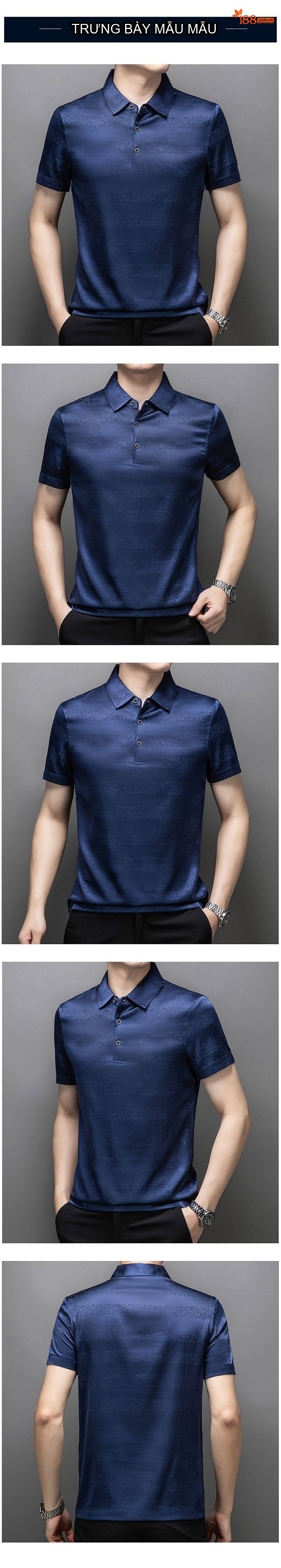 Áo Polo Nam Tay Ngắn Lụa Tằm In Họa Tiết Thời Trang Màu Xanh Navy chi tiết 5