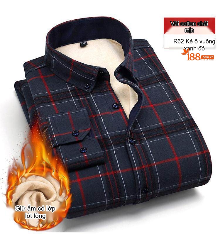 Áo Sơ Mi Nam Cotton Dài Tay Lót Lông Cổ Điển Chống Nhăn Màu Xanh Navy, Xám, Đỏ, Xanh Lá... chi tiết 17