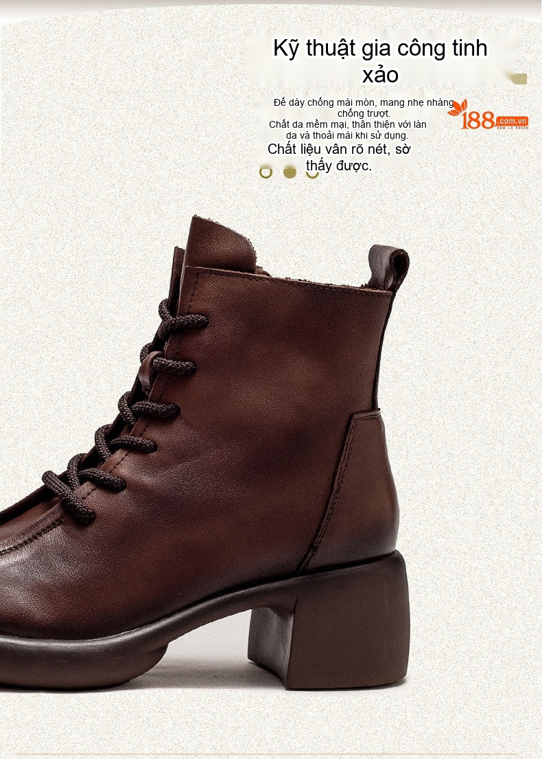 Boot Nữ Da Bò Lót Lông Giữ Ấm Mùa Đông Cổ Ngắn Chiều Cao Đế Khoảng 5cm Màu Nâu, Đen chi tiết 4