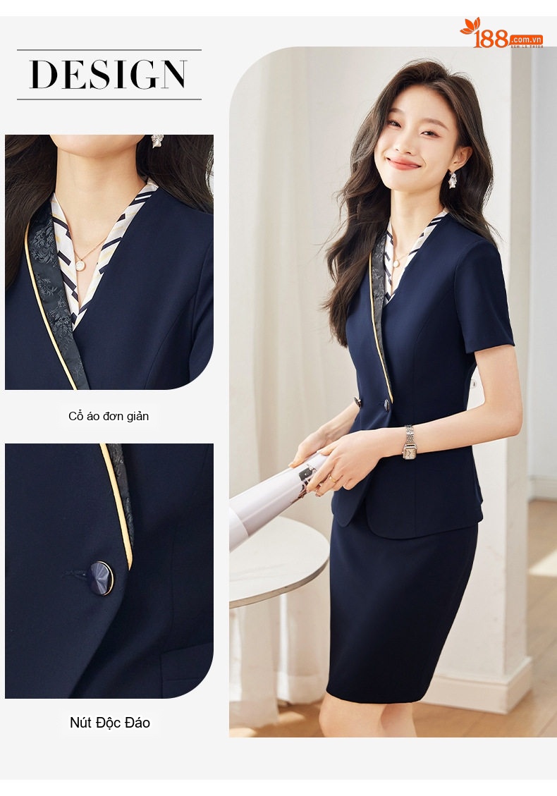 Bộ Vest Nữ Tay Ngắn Mỏng Mùa Hè Phong Cách Công Sở Thanh Lịch Màu Đen, Xanh Than chi tiết 7