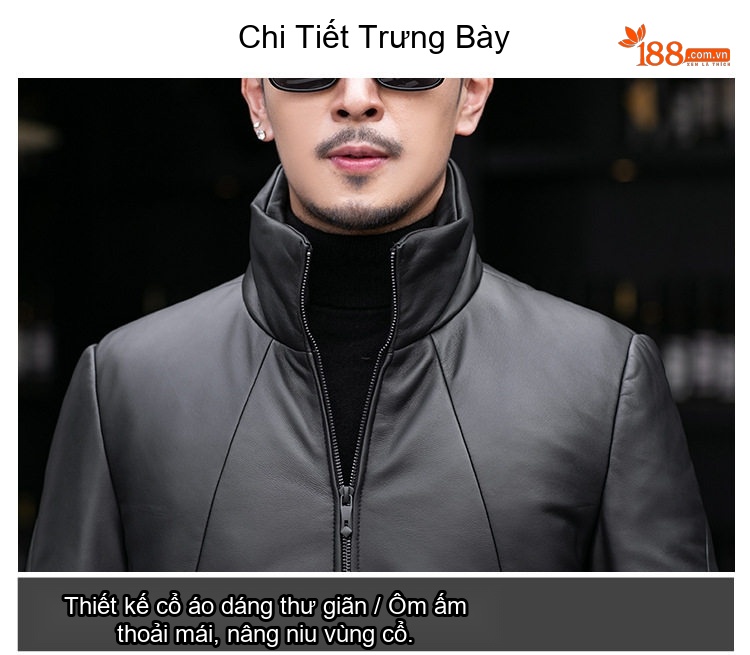 Áo Khoác Da Cừu Nam Lót Lông Vũ Dáng Ôm Cổ Trụ Màu Đen chi tiết 7