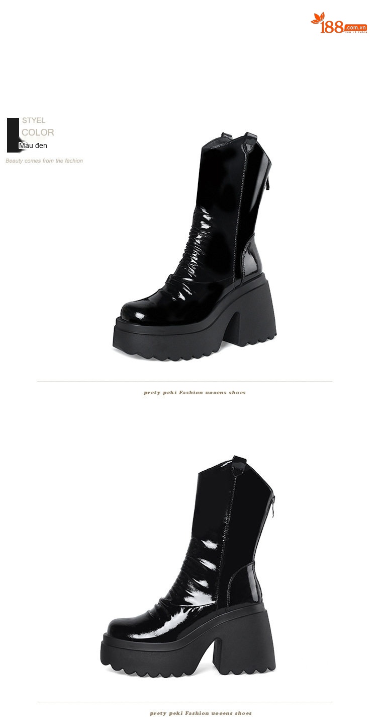 Boot Nữ Cổ Lửng Da Bóng Đế Xuồng Chiều Cao Đế Khoảng 10cm Màu Đen chi tiết 13