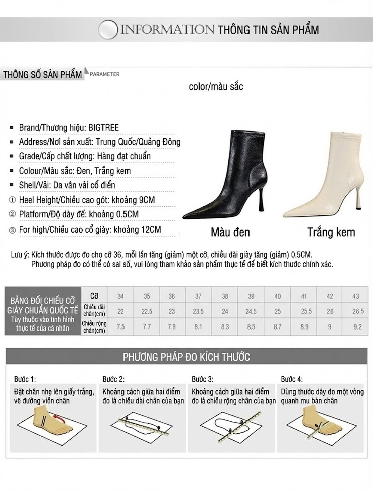 Boot Nữ Cổ Ngắn Gót Nhọn Da Bóng Phong Cách Âu Mỹ Chiều Cao Đế Khoảng 8cm Màu Đen, Trắng chi tiết 1