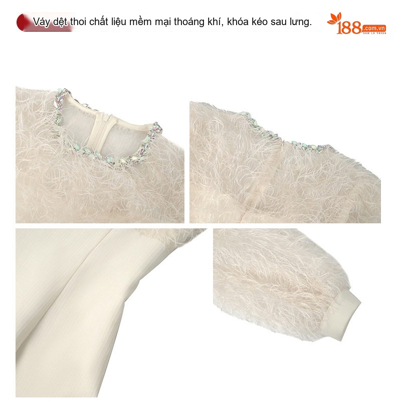Váy Mini Tay Bồng Lông Tơ Phong Cách Tiểu Thư Thu Đông Ôm Eo Tôn Dáng Màu Trắng chi tiết 4
