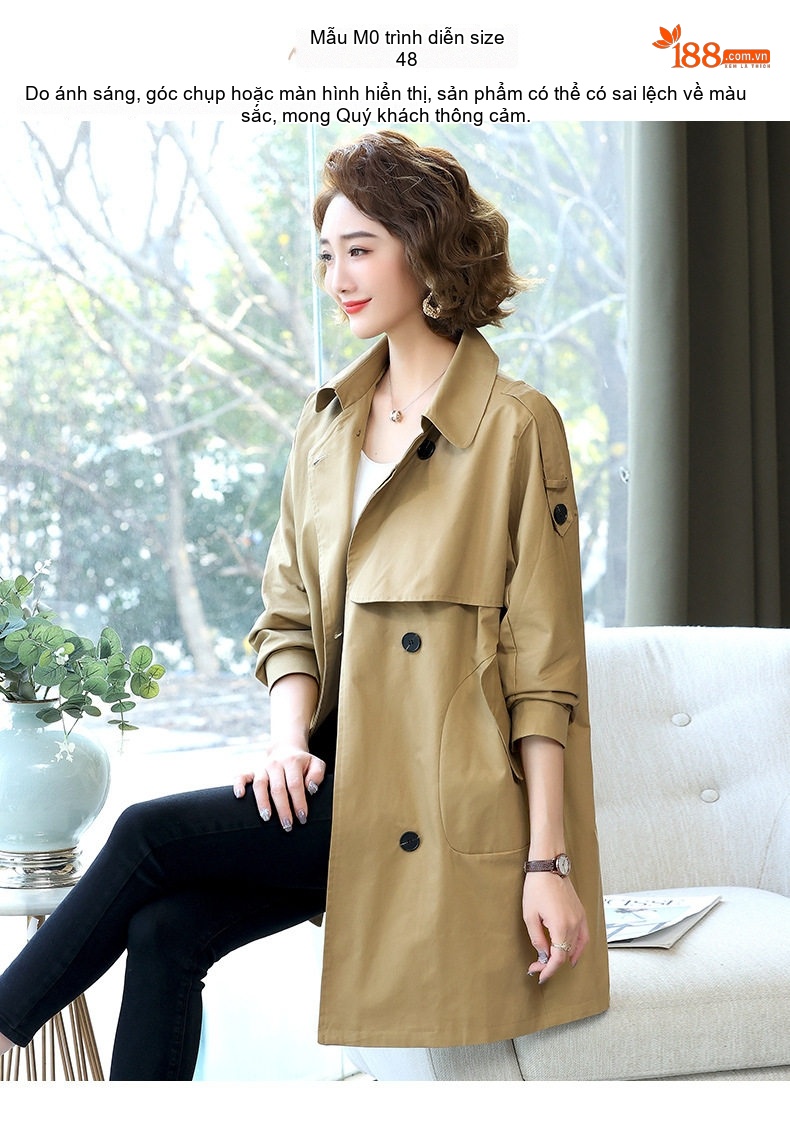 Áo Khoác Mangto Nữ Dáng Dài Hai Hàng Khuy Phong Cách Casual Màu Nâu kaki, Xanh dương, Đỏ chi tiết 10