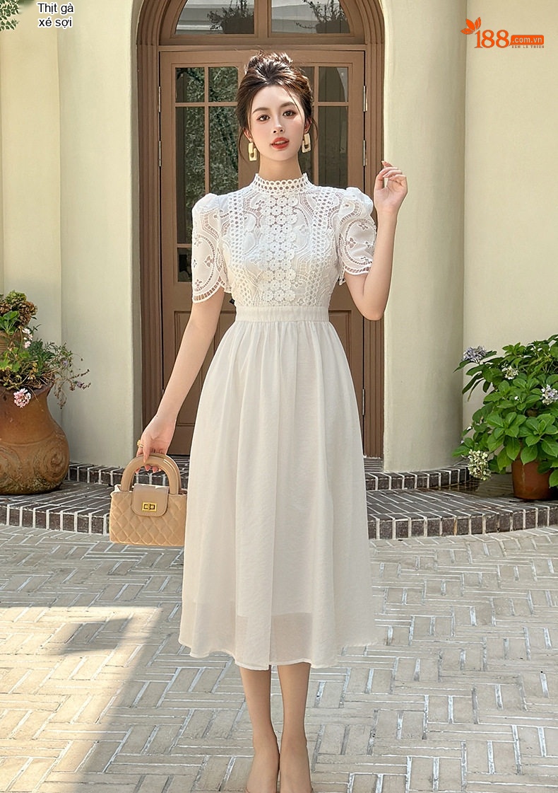 Đầm Xòe Nữ Tay Ngắn Cổ Cao Phối Ren Eo A Dáng Dài Màu Trắng chi tiết 10