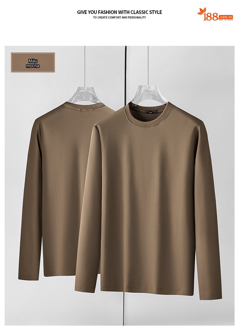 Áo Thun Dài Tay Nam Cotton Lụa Xử Lý Amoniac Màu Trắng, Kem, Nâu, Đen chi tiết 25