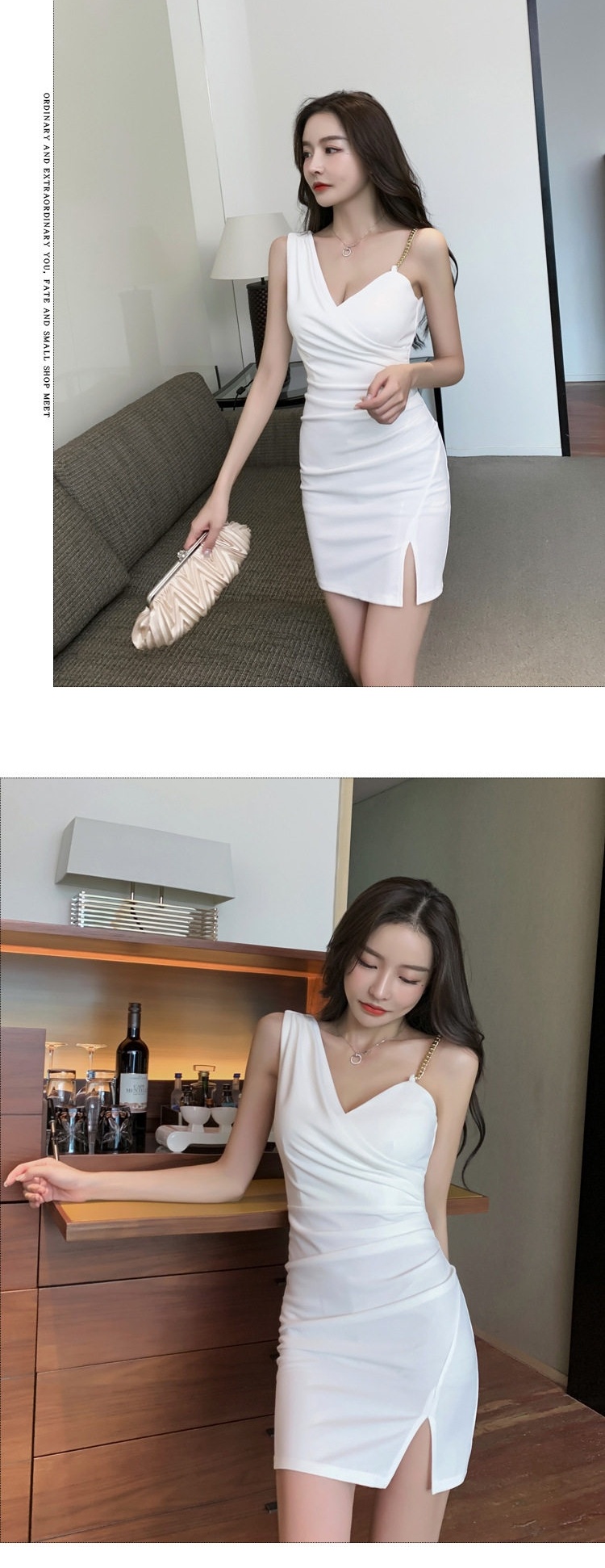 Váy Hai Dây Ngắn Xẻ Tà Cổ chữ V Sâu Phong Cách Gợi Cảm Màu Trắng, Đen chi tiết 4