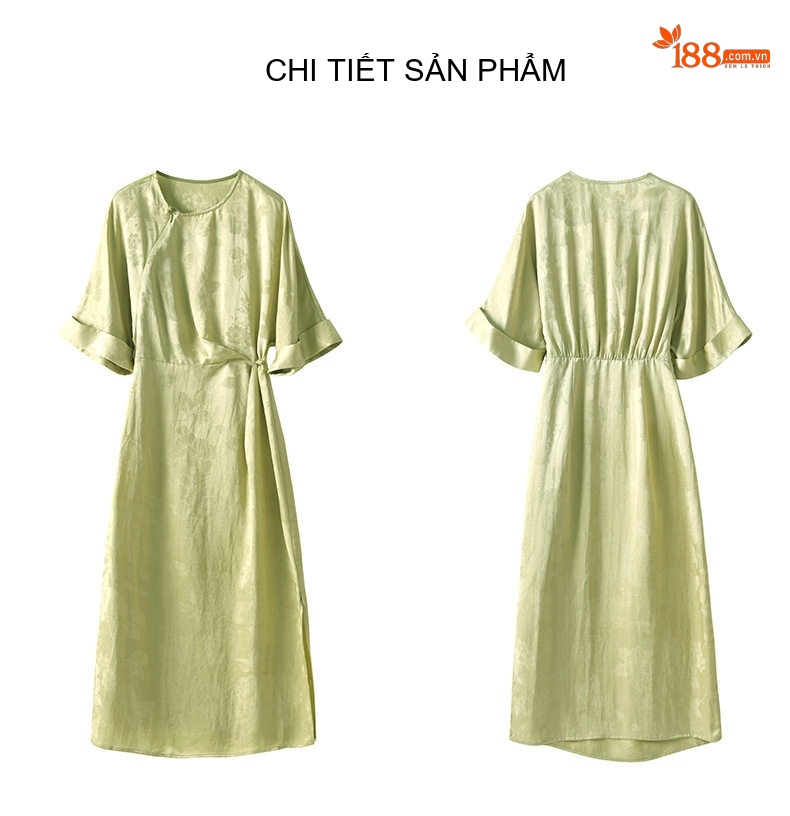 Váy Dáng Dài Nữ Lụa Gấm Thượng Hải Cách Tân Tay Lỡ Chiết Eo Màu Xanh Lá Cây Nhạt, Xanh Dương, Trắng Ngà chi tiết 21