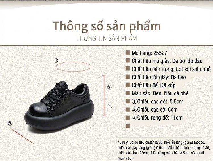 Giày Oxford Nữ Da Bò Đế Dày Chiều Cao Đế Khoảng 5cm Màu Đen, Nâu chi tiết 2