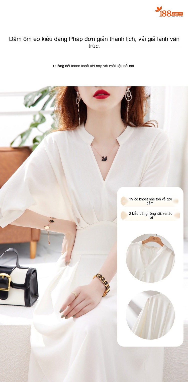 Váy liền thân Nữ Tay Ngắn Cổ chữ V Chữ A Thắt Eo Dáng Rớt Vai Màu Trắng, Hồng, Xanh... chi tiết 3