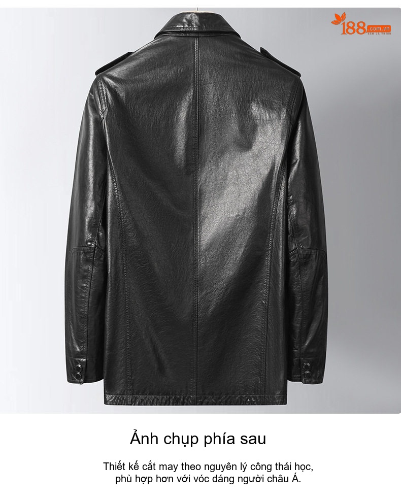 Áo Khoác Da Thật Nam Dáng Dài Vừa Vặn Cổ Bẻ Phong Cách Lính Màu Đen chi tiết 14