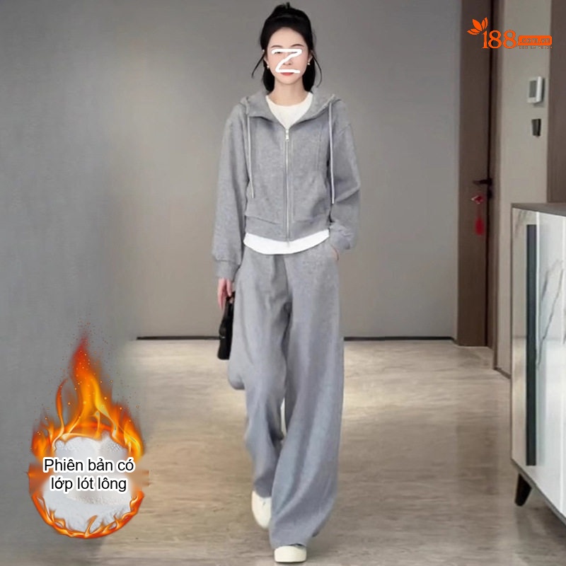 Bộ quần áo thể thao nữ cotton dáng rộng áo hoodie quần ống rộng