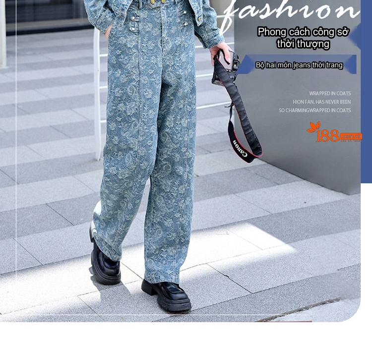 Set Bộ Quần Áo Nữ In Họa Tiết Quần Ống Rộng Phong Cách Thời Trang Màu Xanh Denim chi tiết 1